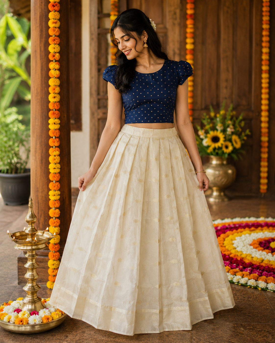 Navy Blue & Cream Pattupavada Set