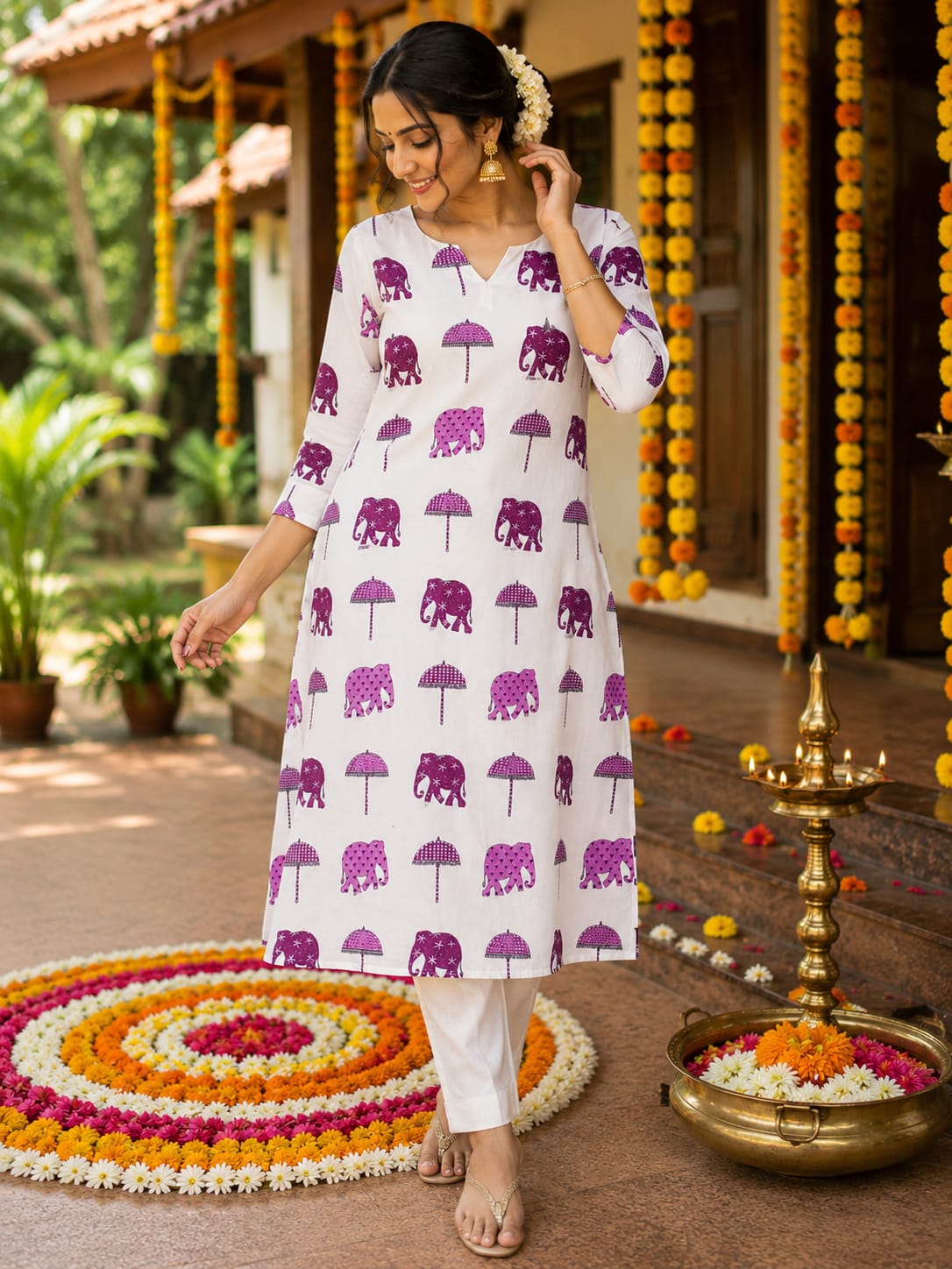Elephant Printed Festive A-Line Kurthi