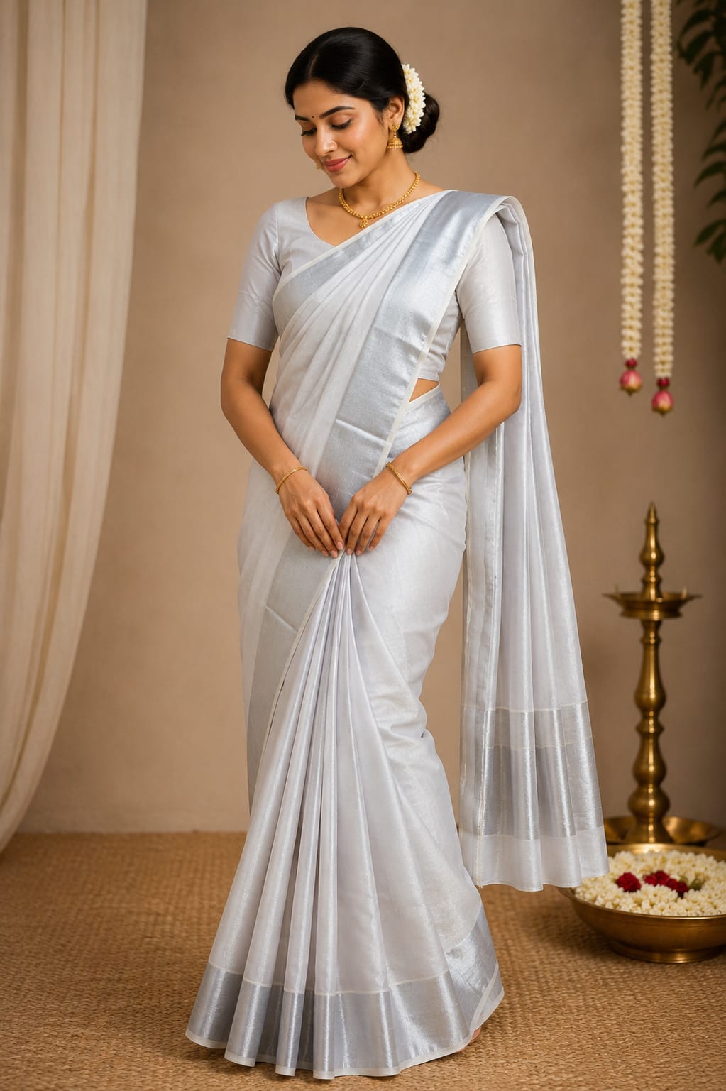 Kerala Set Saree · Premium Silver Tissue