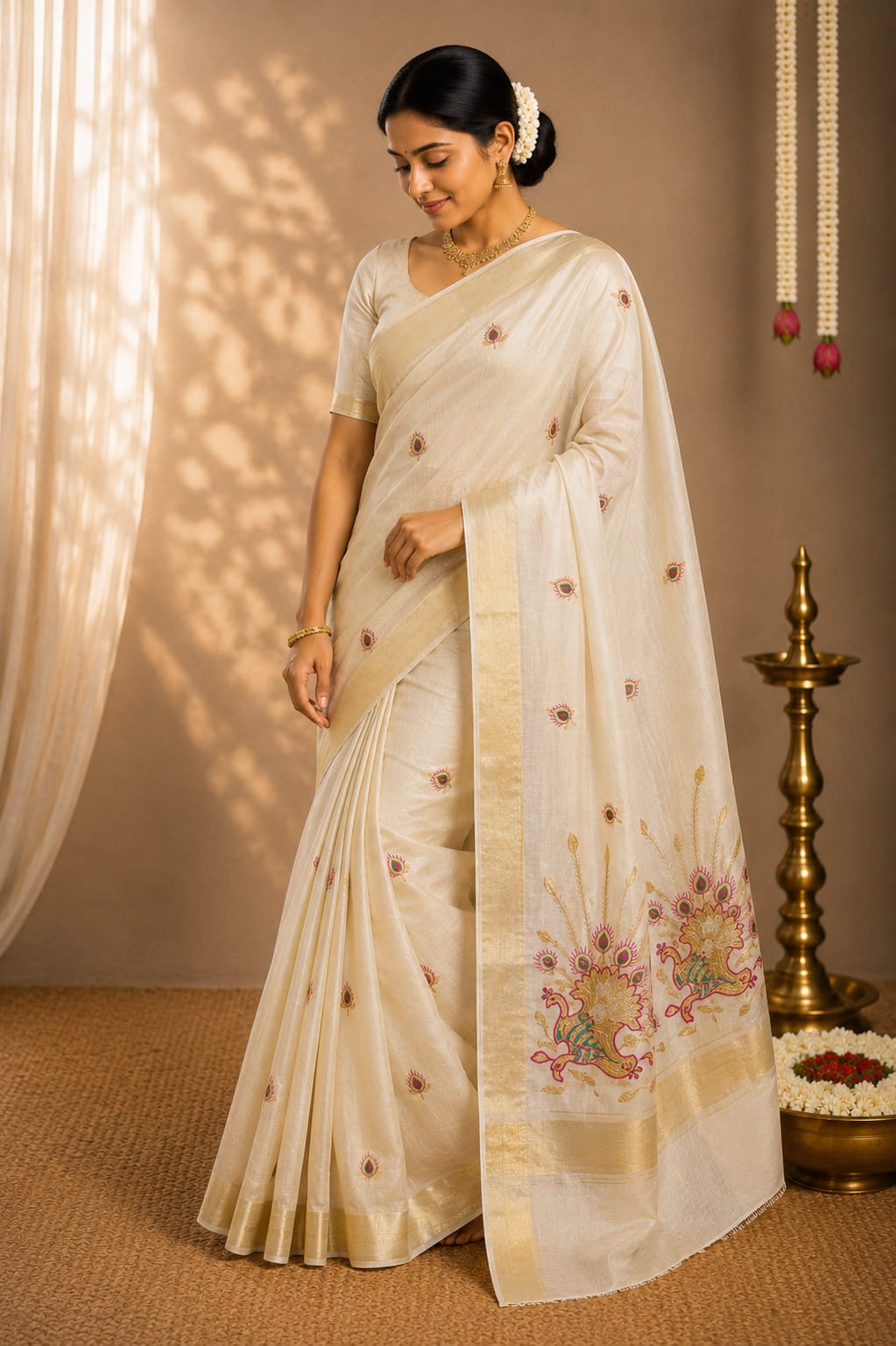 Kerala Set Saree · Peacock Embroidered Tissue